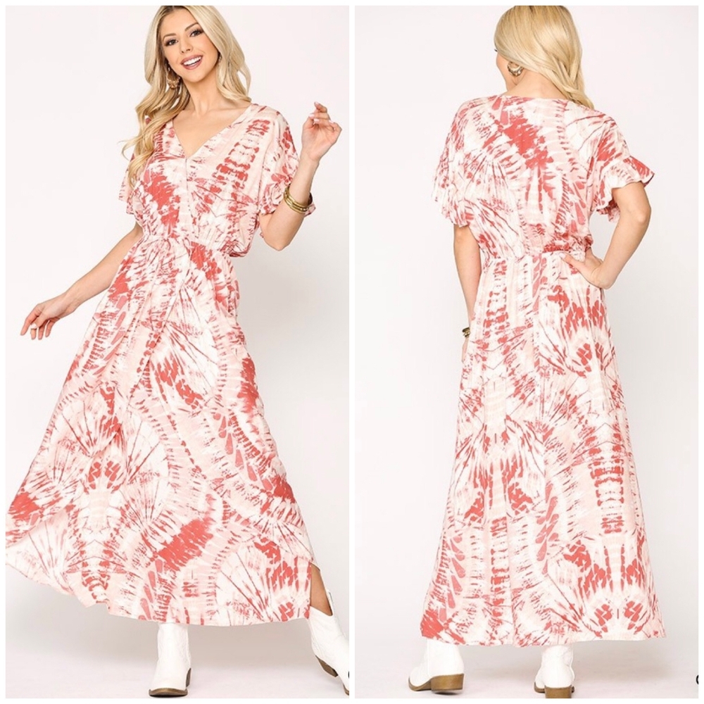 GIGIO Boho Chic Coral Color Tie-Dye Maxi Dress - Picture 2 of 5